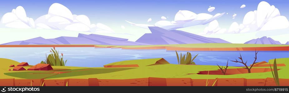 Summer nature landscape, scenery valley with lake, rocks, green field with lush grass and plants. Clear pond under blue sky, natural park, cartoon parallax background for game, Vector illustration. Summer nature landscape, cartoon game background