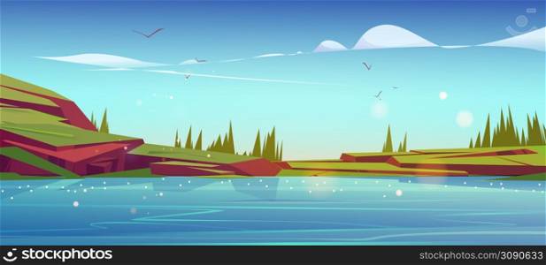 Summer nature landscape with lake, green grass on rocks and conifers trees. Scenery pond with blue clear water and spruces under blue sky with clouds and flying birds, Cartoon vector background. Summer nature landscape with lake, green grass