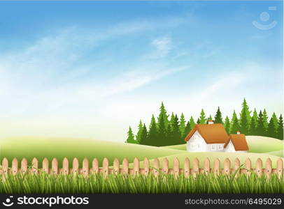 Summer nature landscape with village house, green grass and fenc. Summer nature landscape with village house, green grass and fence. Vector. Summer nature landscape with village house, green grass and fence. Vector