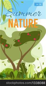 Summer Nature Mobile Cover or Poster Template. Flat Cartoon Banner with Fruit Tree and Lettering. Nature, Green Park or Garden with Eco Food. Vector Rural Illustration. Summertime and Recreation. Summer Nature Mobile Cover or Poster Template