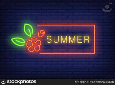 Summer neon text in red frame and flower. Seasonal offer or sale advertisement design. Night bright neon sign, colorful billboard, light banner. Vector illustration in neon style.