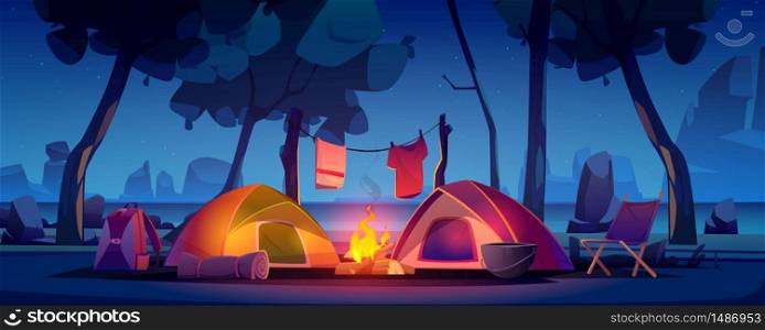 Summer night camp with tent, campfire, trees, lake and mountains on background. Vector cartoon landscape of natural parkland, countryside. Picnic on river beach. Summer camp with tent, campfire and lake