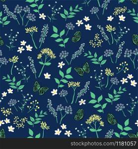 Summer night floral with butterflies seamless pattern,for decorative,apparel,fashion,fabric,textile,print or wallpaper,vector illustration