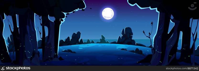 Summer night landscape with dark trees, bushes, grass. Nature park scenery, countryside panorama with trees and meadows, blue sky with full moon vector cartoon illustration. Summer night landscape with trees, bushes, grass
