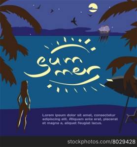 Summer night vacation concept background with space for text. Vector cartoon flat illustration. Silhouette of a girl on the beach, lights of a cruise ship in the distance, in the moonlight.