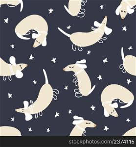 Summer night vector seamless pattern of playing dachshunds and stars. Perfect for T-shirt, textile and prints. Hand drawn illustration for decor and design.