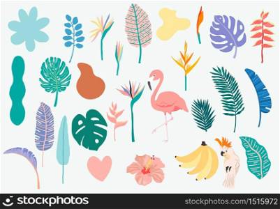 Summer object collection with flamingo,banana,parrot and flower.Vector illustration for icon,logo,sticker,printable,postcard and invitation