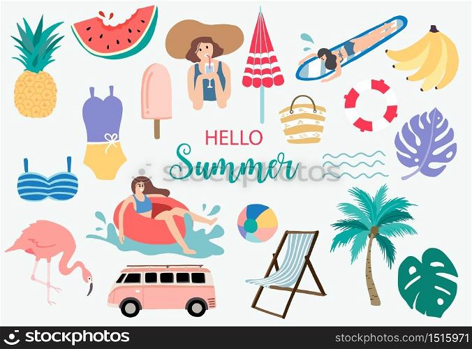 Summer object collection with watermelon,banana,flamingo and ice cream.Vector illustration for icon,logo,sticker,printable,postcard and invitation