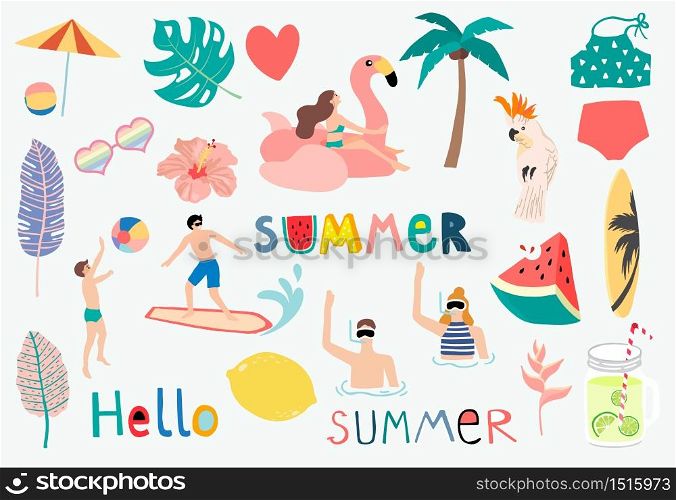 Summer object collection with watermelon,lemon,float and surfboard.Vector illustration for icon,logo,sticker,printable,postcard and invitation