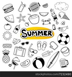Summer objects set sticker icon in doodle design. Cartoon vector illustration. Can be used for banner, badges, symbol, element isolated background.
