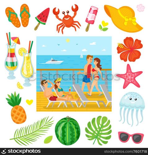 Summer objects, voyage or cruise, summertime traveling and recreation vector. Tourists on ship deck in swimwear, crab and jellyfish, cocktail and ice cream, pineapple. Voyage, Traveling and Recreation, Summer Objects