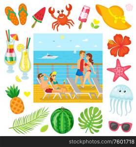 Summer objects, voyage or cruise, summertime traveling and recreation vector. Tourists on ship deck in swimwear, crab and jellyfish, cocktail and ice cream, pineapple. Voyage, Traveling and Recreation, Summer Objects
