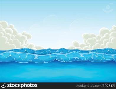Summer Ocean Background For Ui Game. Illustration of cartoon wide water waves and ocean patterns, for summer holidays vacations landscape, or background for ui game