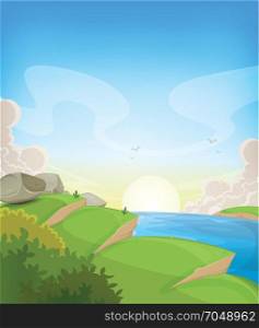Summer Ocean Landscape. Illustration of a cartoon summer landscape, with cliff and grass area over ocean background and sun at dawn