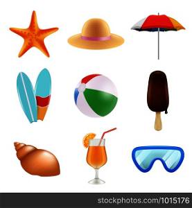 Summer odjects isolate. Realistic icons of summer time. Summer travel, ball and ice cream illustration. Summer odjects isolate. Realistic icons of summer time