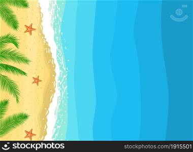Summer on beach composition with copy space. Beautiful background on the sea topic with palm trees. Vector illustration in flat style. Summer on beach composition with copy space