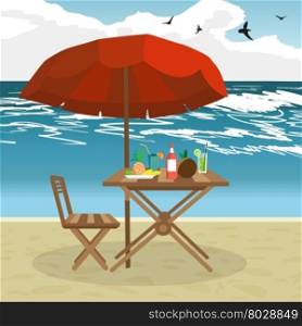 Summer on the beach: umbrella, sun, table, cocktail, coconut. Vector flat illustration. Seaside vacation outdoors under the sun