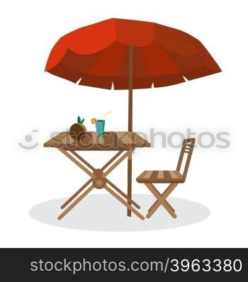 Summer on the beach: umbrella, sun, table, cocktail, coconut. Vector isolated flat illustration. Seaside vacation outdoors under the sun