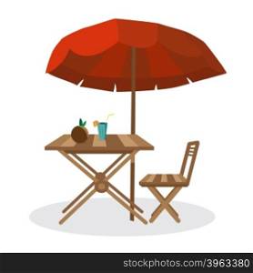 Summer on the beach: umbrella, sun, table, cocktail, coconut. Vector isolated flat illustration. Seaside vacation outdoors under the sun