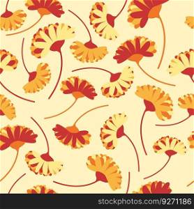 Summer or autumn flowers in blossom with stem and petals. Blossom of wildflowers with branches and twigs. Nature ornament. Seamless pattern, wallpaper or background print. Vector in flat style. Blooming flowers with stems, seamless pattern