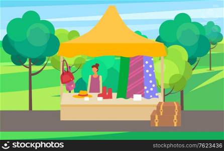 Summer or spring fair vector, seller with fabric and clothes for females. Salesperson with shoes and handbags, hats and accessories for women market in park. Flat cartoon. Shopping for Women, Clothes Store Summer Fair