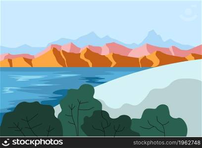 Summer or spring landscape of mountains with lake or pond, sea or ocean. Nature seascape with trees foliage and biodiversity. Shore with bushes and grass, rocks and hills. Vector in flat style. Landscape with mountains and lake or pond vector