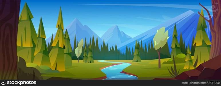 Summer or spring landscape with mountains, forest and river. Cartoon vector illustration of nature panorama scene with rocky hills, flowing water stream, green trees and firs and blue clear sky.. Summer landscape with mountains, forest and river.