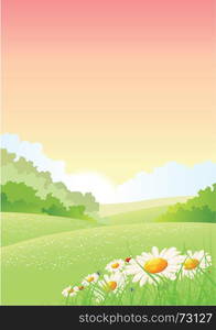 Summer Or Spring Morning Seasons Poster. Illustration of a summer or spring seasonal morning landscape poster background, with flowers at the foreground