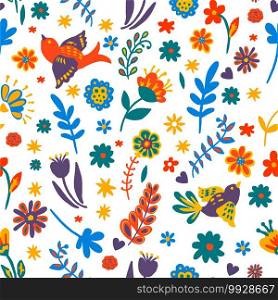 Summer or spring seasonal blooming, seamless pattern of flowers and foliage with flying birds. Blossom in summertime season, tropical flora and fauna, branch with leaves vector in flat style. Flowers and foliage with flying birds seamless pattern