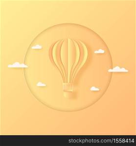 Summer, orange and yellow hot air balloon flying in the bright sky and cloud, paper art style