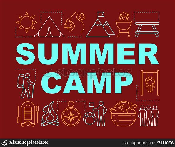 Summer outdoor activities,camp word concepts banner. Country vacation. Hiking and trekking. Presentation, website. Isolated lettering typography idea with linear icons. Vector outline illustration