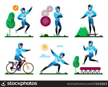 Summer Outdoor Activities, Outside Fitness, Recreation and Sports in Park Trendy Flat Vector Concepts Set. Man in Sportswear Skateboarding, Biking, Stretching, Jumping on Trampoline Illustrations