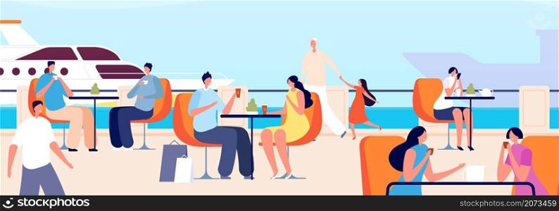 Summer outdoor cafe. Seaside restaurant, people in seaview cafeteria. Ocean vacation, travel time or relaxed. Man woman date, seasonal open air vector illustration. Summer cafe and restaurant outdoor. Summer outdoor cafe. Seaside restaurant, people in seaview cafeteria. Ocean vacation, travel time or tourists relaxed. Man woman date, seasonal open air meetings vector illustration