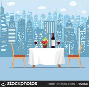 Summer outdoor cafe terrace with seats on modern city background. Romantic dinner table for two with wine bottle and glasses. Vector illustration in flat style. Summer outdoor cafe terrace