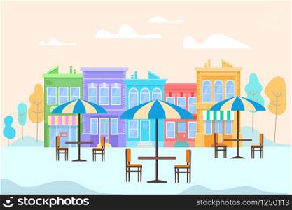 Summer Outdoor Cafe with Tables and Ubbrellas on Bright Modern City Buildings Background with Trees and Cloudy Sky. Urban Cityscape. Real Estate in Warm Time. Friendly Houses. Flat Vector Illustration. Summer Outdoor Cafe with Tables and Ubbrellas