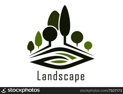 Summer park abstract icon with shady alleys, trimmed trees and kidney shaped lawn, for nature or landscape design . Park landscape icon with alleys and lawn