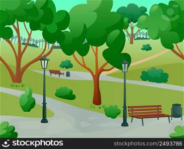 Summer park alley 2d game landscape flat background vector illustration. Park Landscape Flat