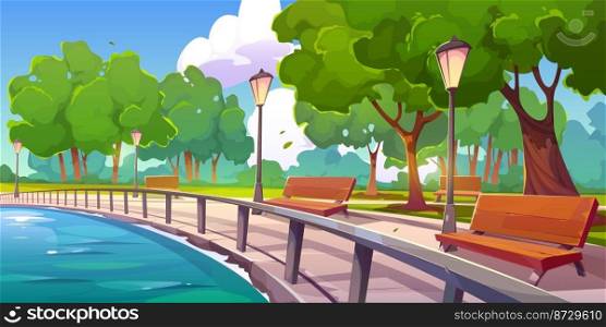 Summer park landscape with lake or river embankment, green trees and wooden benches. Empty promenade, quay with path and lanterns, vector cartoon illustration. Summer park landscape with lake embankment