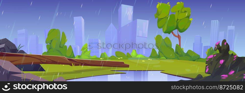 Summer park lawn in rain with city buildings on background. Country landscape with green grass, bushes and flowers, tree, log and stones in rainy weather, vector cartoon illustration. Summer park landscape with lawn in rain