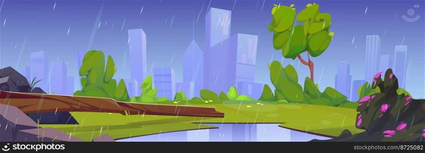 Summer park lawn in rain with city buildings on background. Country landscape with green grass, bushes and flowers, tree, log and stones in rainy weather, vector cartoon illustration. Summer park landscape with lawn in rain
