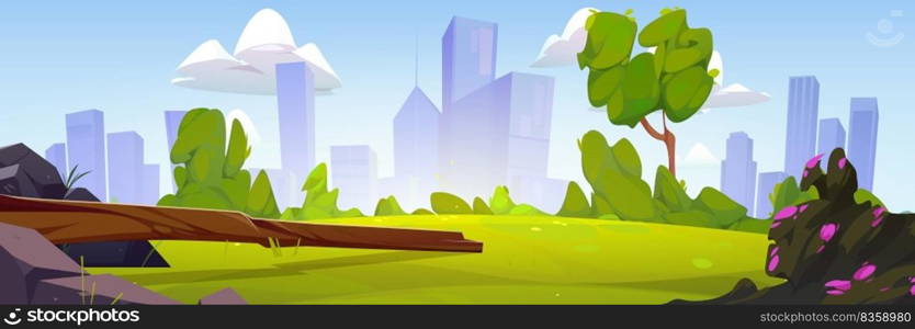 Summer park or country landscape with green grass, log, stones and modern city on skyline. Nature scene of lawn with bushes and spring flowers, trees, vector cartoon illustration. Summer park or country landscape with green grass