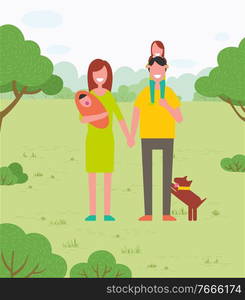 Summer park, outdoor activity, family walking on nature vector. Father and mother, baby son and daughter, dog pet and dad carrying girl on shoulders. Outdoor Activity, Mother and Father with Children