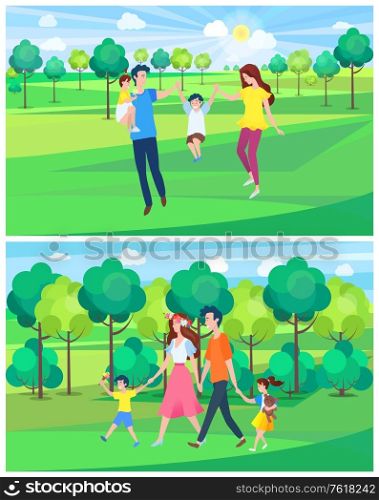 Summer park relaxation vector, people with child on fair weather, father and mother with daughter and son, family day on spring forest with foliage. Happy Family with Child Walking in Summer Park