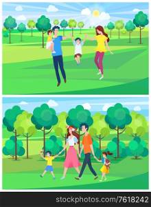 Summer park relaxation vector, people with child on fair weather, father and mother with daughter and son, family day on spring forest with foliage. Happy Family with Child Walking in Summer Park