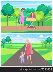 Summer park vector, woman spending time with kid, child and happy pastime. Perambulator with newborn baby sleeping, toddler with lady walking along road. Woman with Child, Mother and Kid in Summer Park