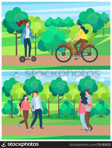 Summer park with trees vector, summertime activities and hobby flat style, lady riding bicycle, teen on gyroscooter, couple in love walking on path. Summer Park Activities, Woman Riding Bike Vector