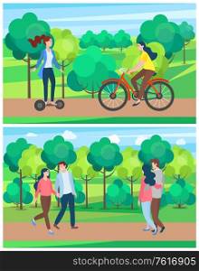 Summer park with trees vector, summertime activities and hobby flat style, lady riding bicycle, teen on gyroscooter, couple in love walking on path. Summer Park Activities, Woman Riding Bike Vector