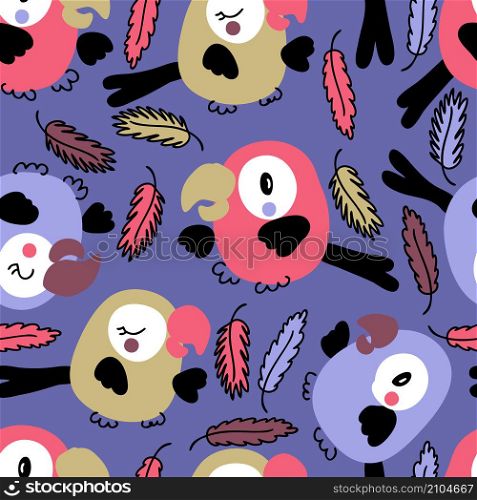 Summer parrots and feathers hand drawn seamless pattern. Perfect for T-shirt, textile and print. Doodle vector illustration for decor and design.