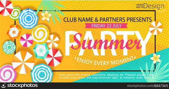 Summer party banner.. Summer party banner with sun umbrellas on background. Vector illustration template and banners, wallpaper, flyers, invitation, posters, brochure, voucher discount.