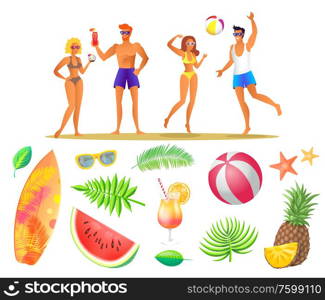 Summer party banner, vector placard sample. People in swimwear play volleyball and drink cocktails, fruit and palm leaves, beach ball and sun glasses. Summer Beach Party Banner, Vector Placard Sample